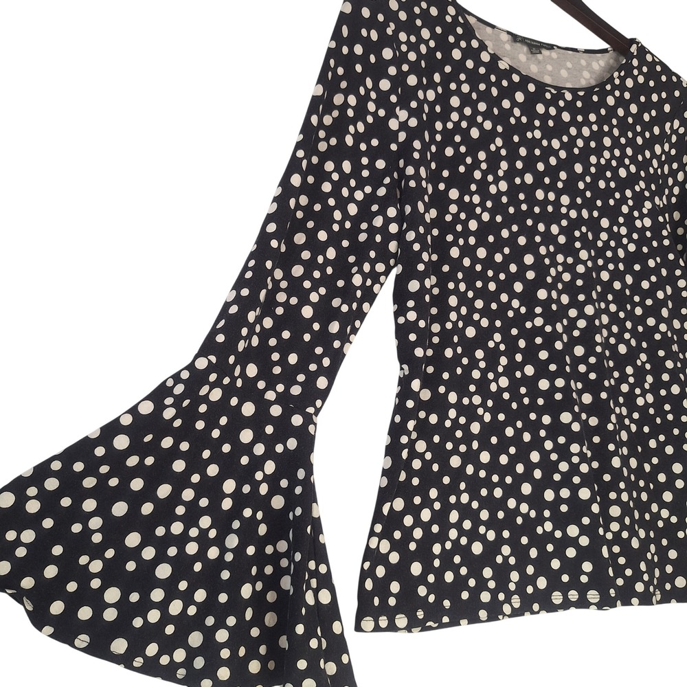 Adrianna Papell Navy Blue Polka Dot Flowy Nautical Bell Sleeve Top Blouse Sz M